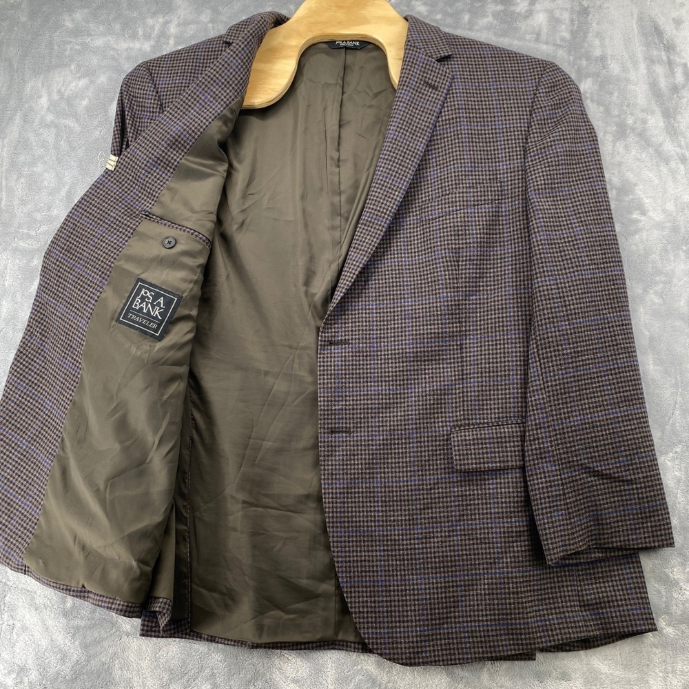 Jos A Bank Traveler Blazer Mens 50R Brown Blue Wool Gingham Plaid Sport Coat